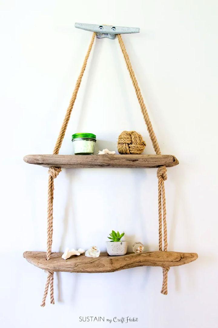 Hanging Rope Shelf with Driftwood
