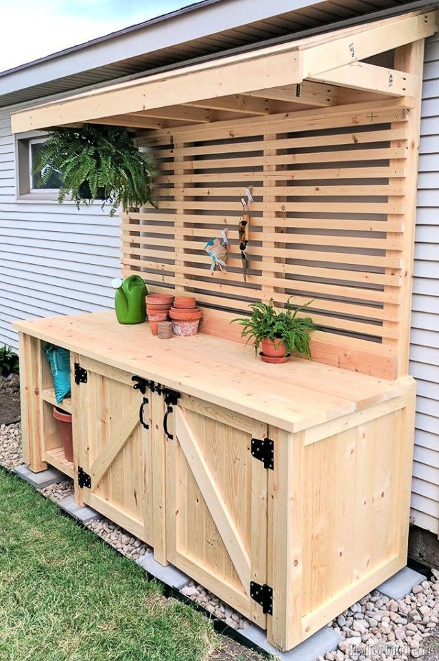 Potting Bench With Hidden Garbage Can Enclosure