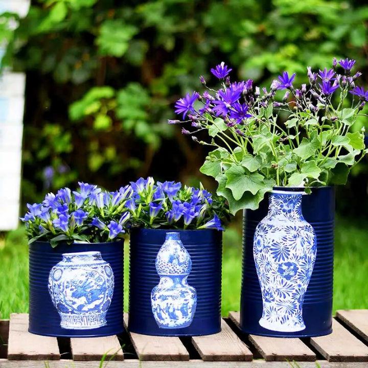 Blue and White Flower Pot Using Tin Can