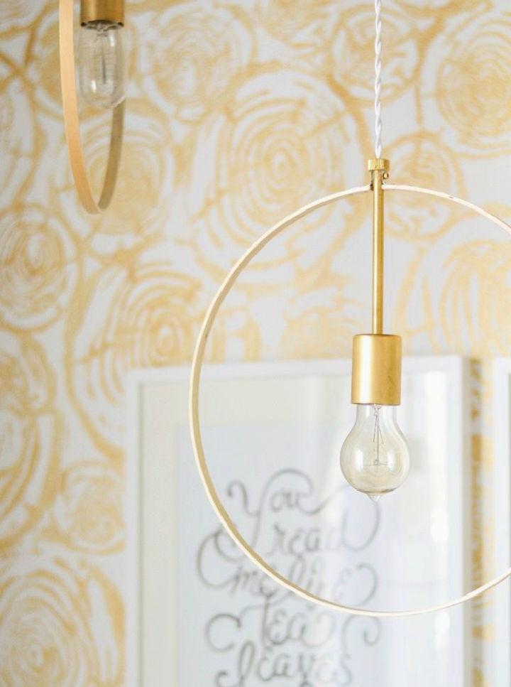 Wood and Brass Hanging Hoop Pendant Lights