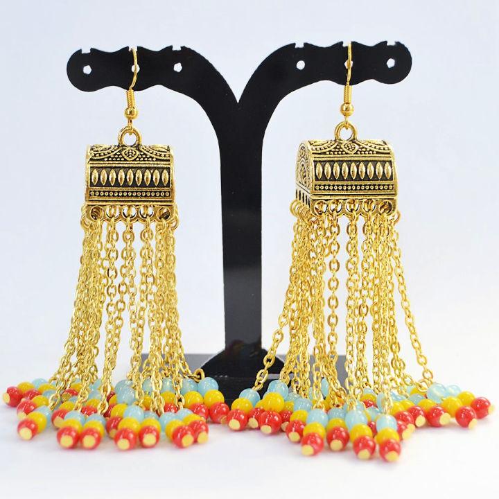 Beaded Chain Tassel Earrings