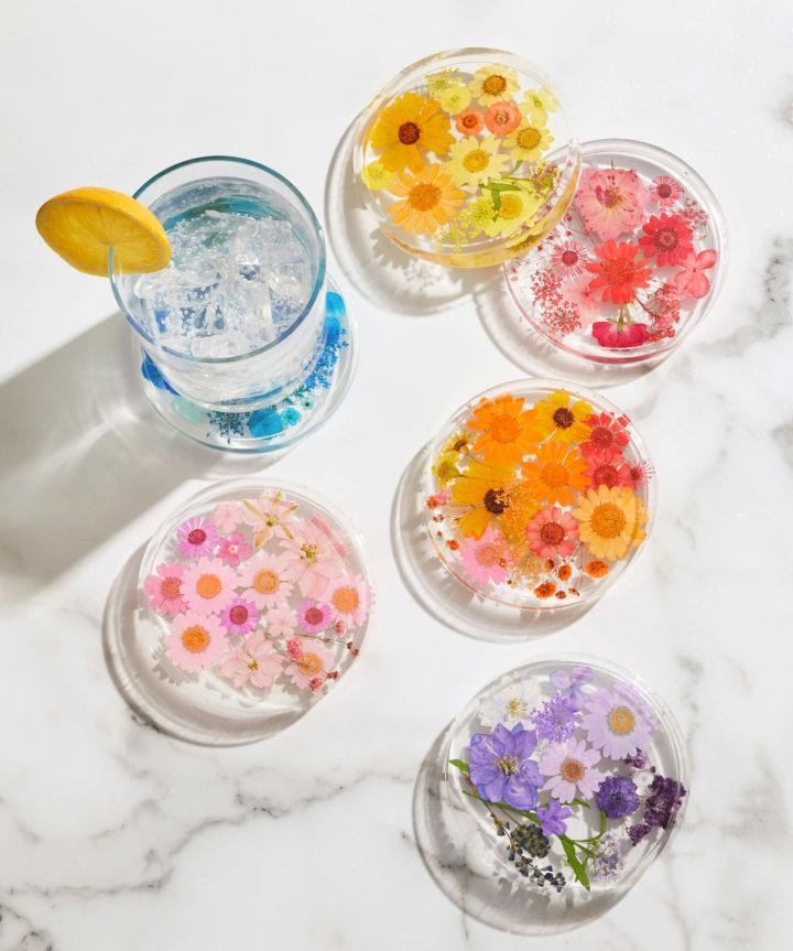 Colorful Resin Coasters with Dried Flowers