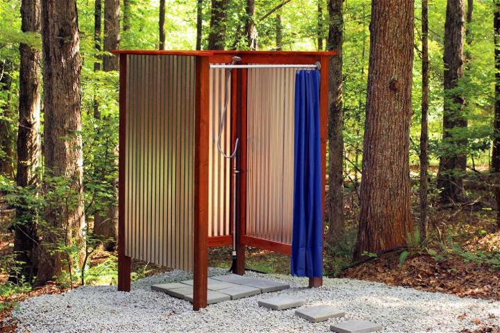Outdoor Shower Using Lumber and Corrugated Tin