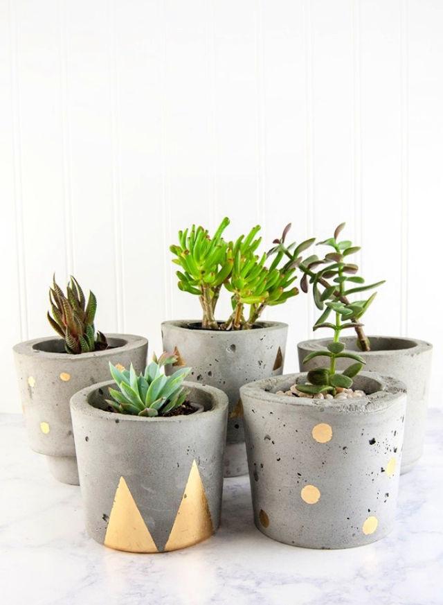 Make Concrete And Gold Plant Pots