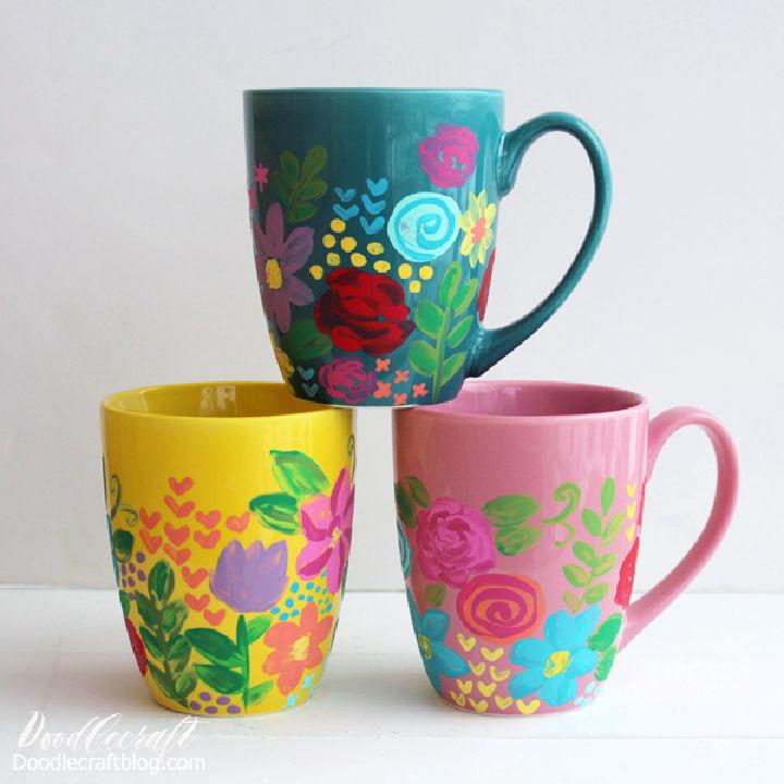 Hand Painted Floral Ceramic Mugs