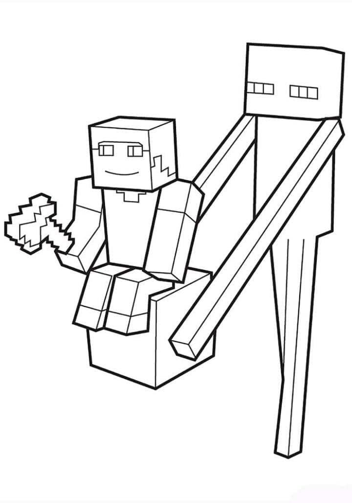 Minecraft Steve and Enderman Coloring Pages