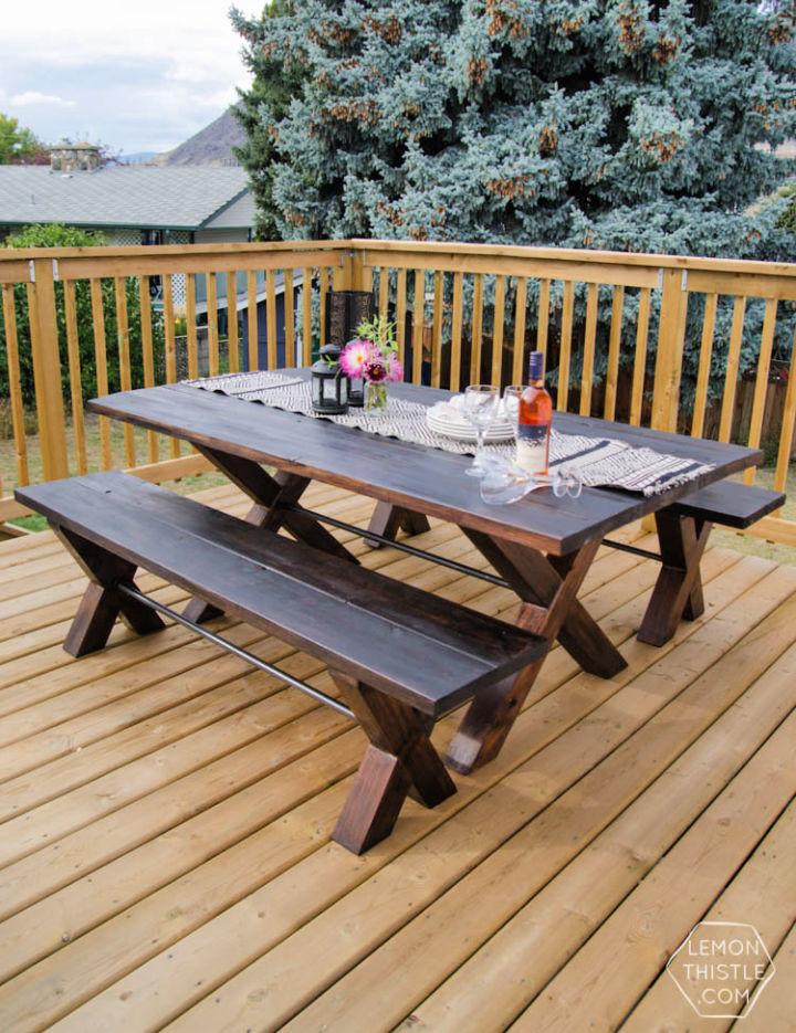 X Leg Patio Table with Pipe Trestle