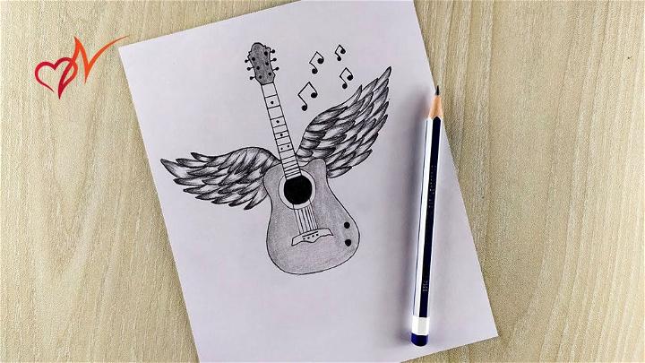 Beautiful Guitar Drawing with Wings
