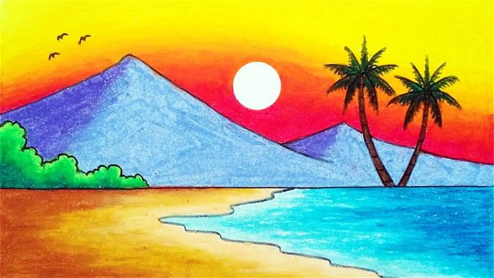Drawing Of Sun Set In The Beach
