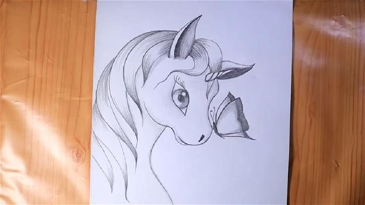 Pencil Drawing of Unicorn with Butterfly