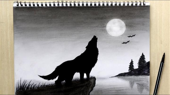 Wolf Howling at the Moon Drawing