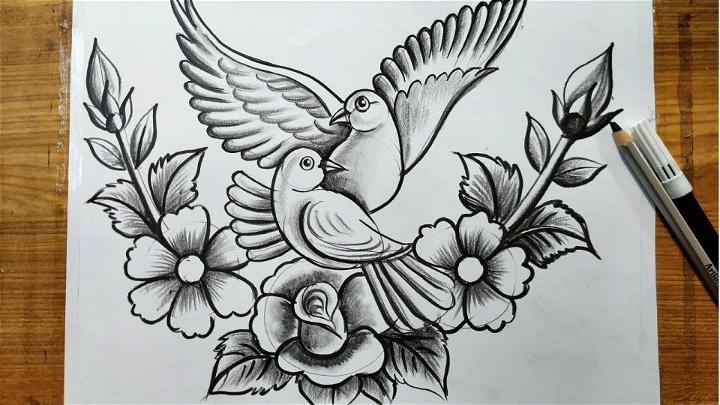 Aesthetic Pigeon And Flower Drawing