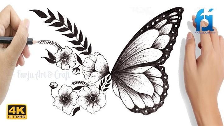 Half Butterfly Half Flower Drawing
