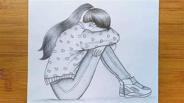 sad girl alone crying drawing