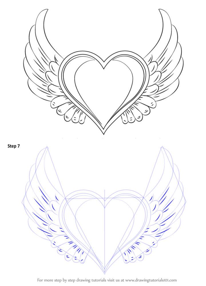 Simple Heart With Wings Drawing