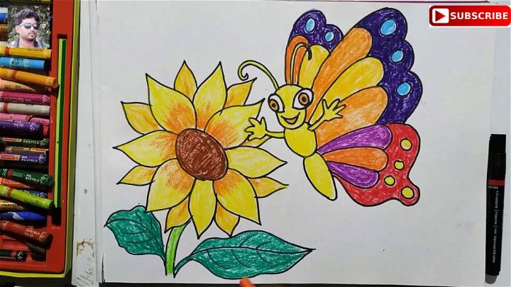 Easy Oil Pastel Drawing for Kids, Sunflower and Butterfly