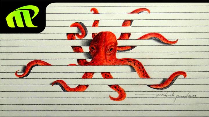 3D Paper Illusion Octopus Drawing
