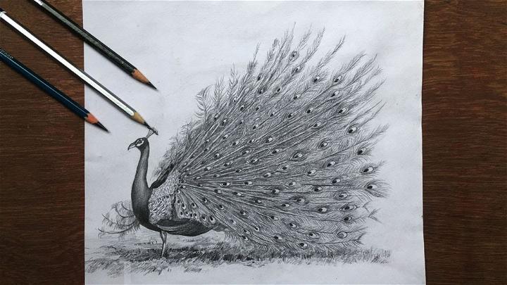 Dancing Peacock Drawing in Pencil