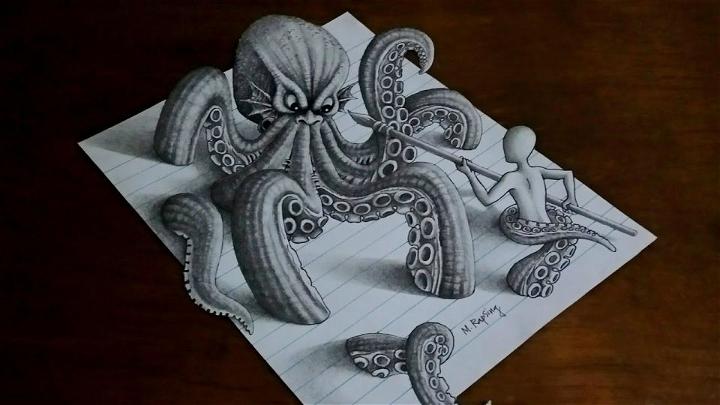 Draw An Octopus 3D Drawing On Paper