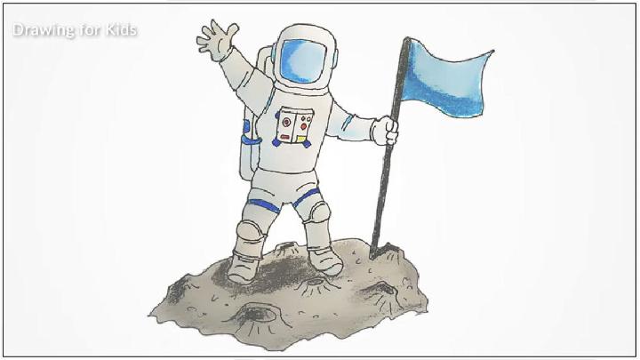 Draw a Astronaut with a Flag on Moon Surface