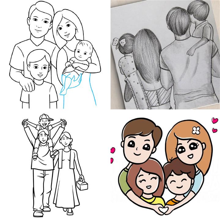 Happy big family smiling together, drawing sketch. | CanStock