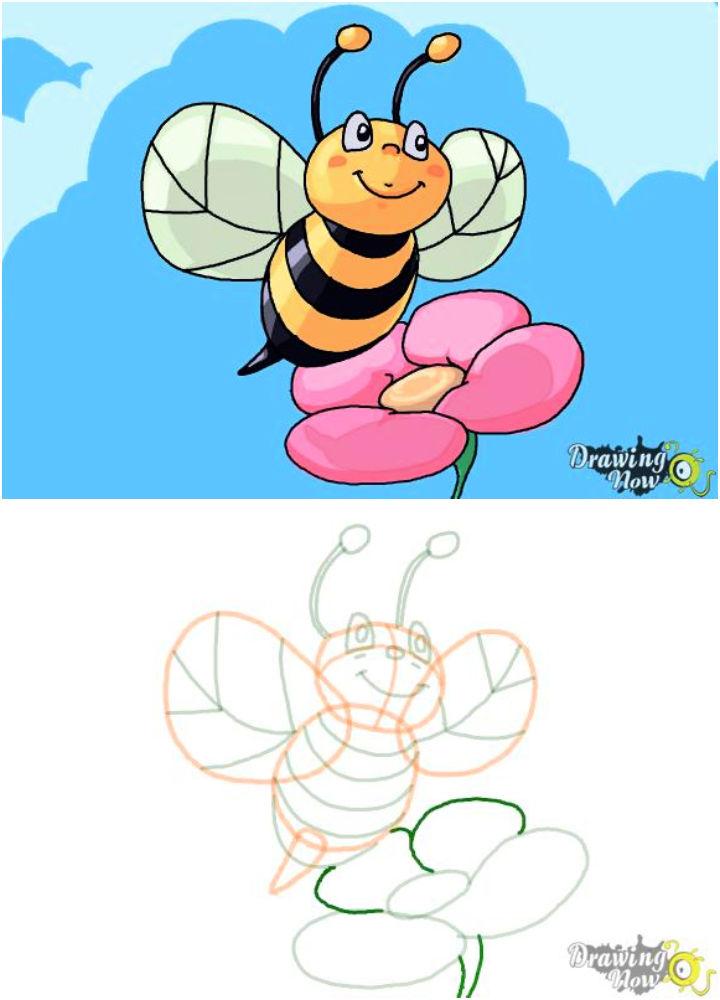 Simple Way to Draw a Bee on Flower