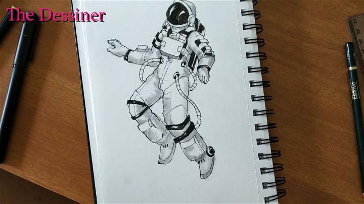 Spaceman Floating in Space in Space Suit Drawing