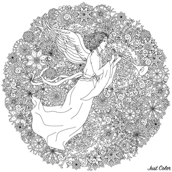 Angel in the Middle of Snowflake Coloring Page for Adults