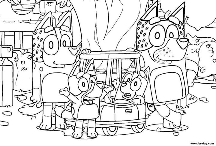 Bluey family in the garden Coloring Pages