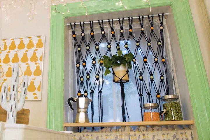 Boho Beaded Macrame Curtain with a Built in Planter Hanger