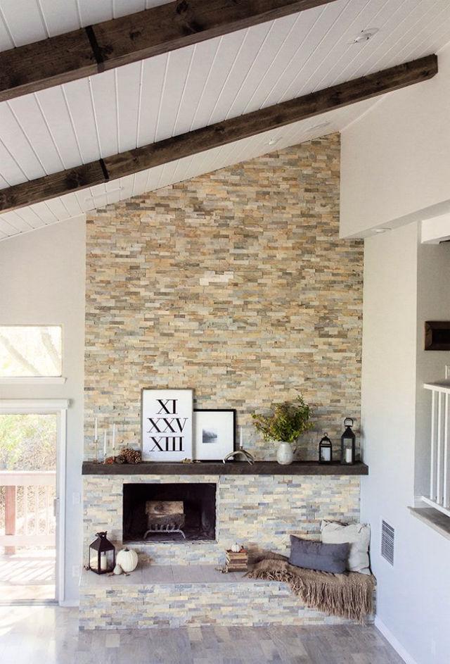 DIY Stacked Stone Fireplace