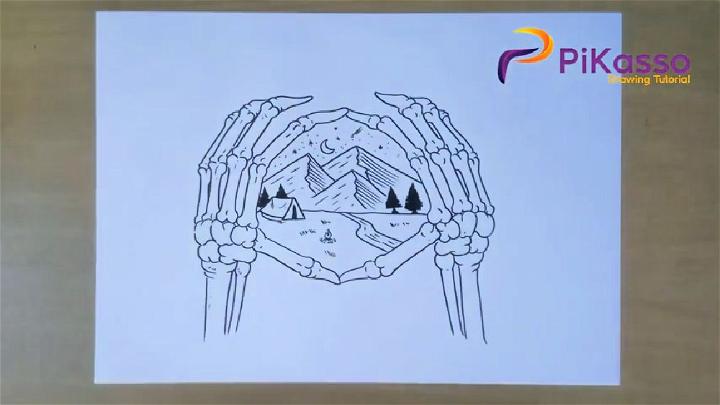 Draw Skull Hand Mountain Illustration