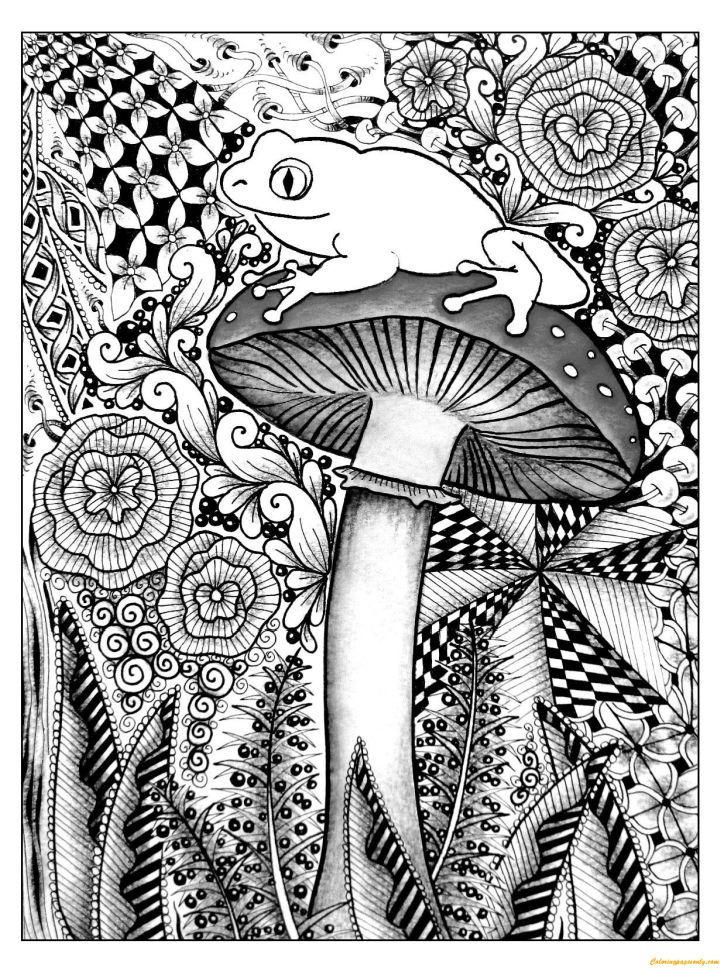 Frog and Mushroom Coloring Page for Adults