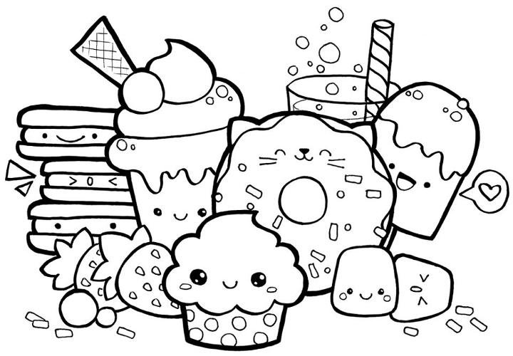 Kawaii Food with Faces Coloring Page