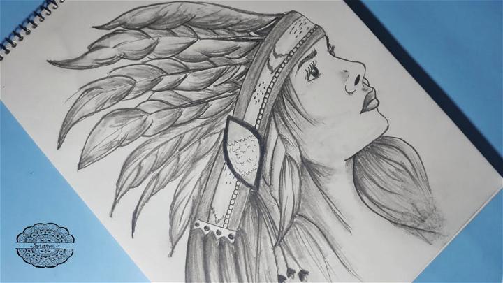 Native American Girl Drawing with Feathers