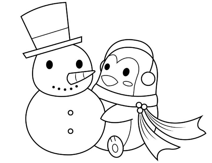 Penguin Building a Snowman Coloring Page PDF