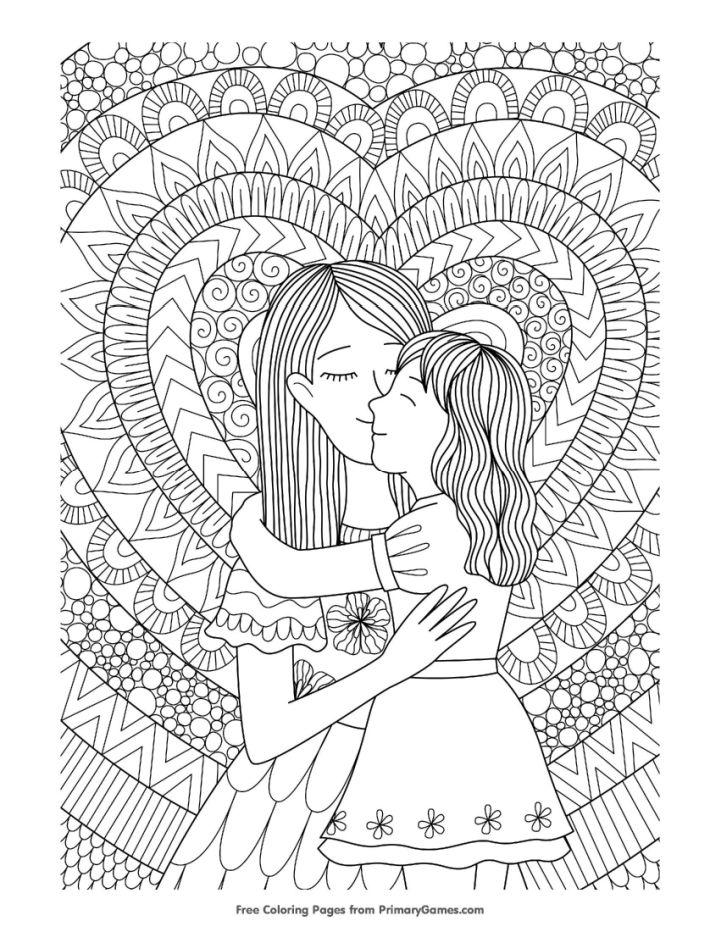 Printable Mom Hugging Daughter Coloring Page