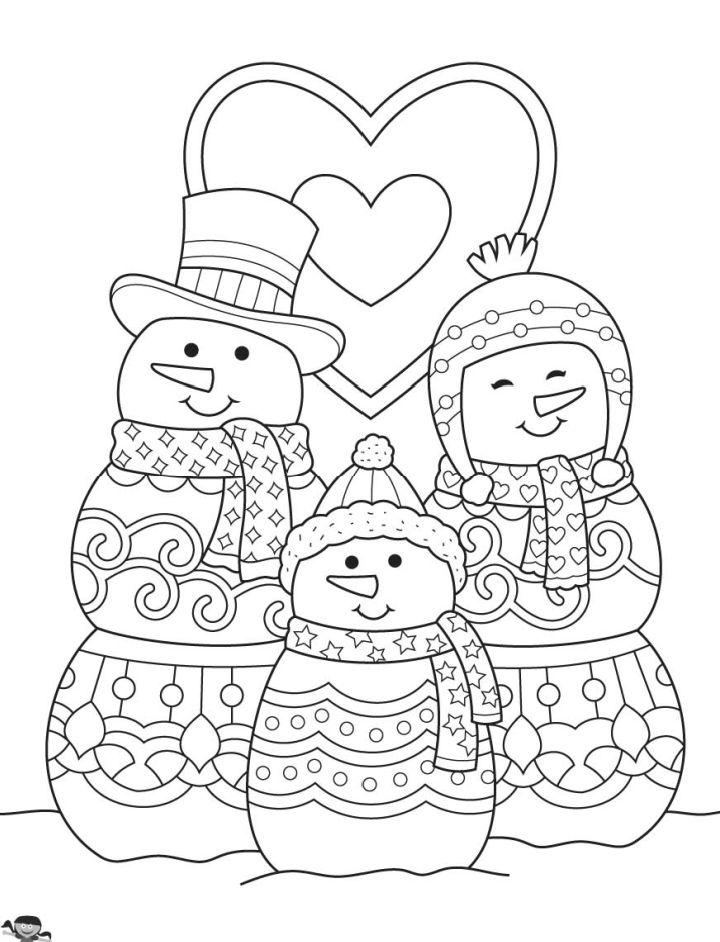 Snowman Family Winter Coloring Page for Adults