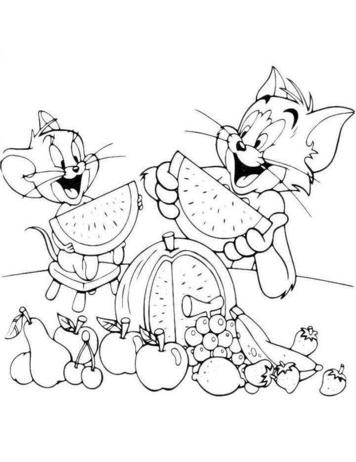 Tom and Jerry Are Eating Watermelon Coloring Page