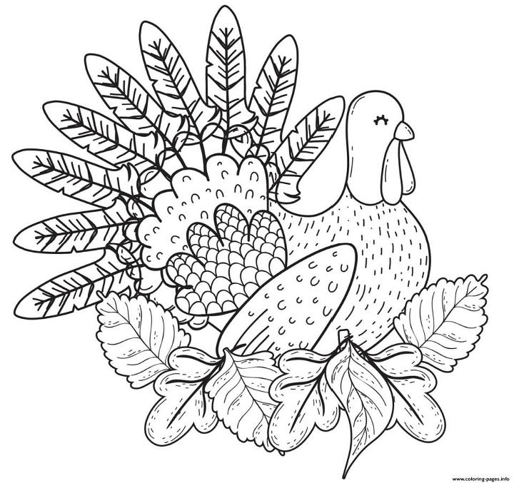 Turkey Sitting in Fall Leaves Coloring Page