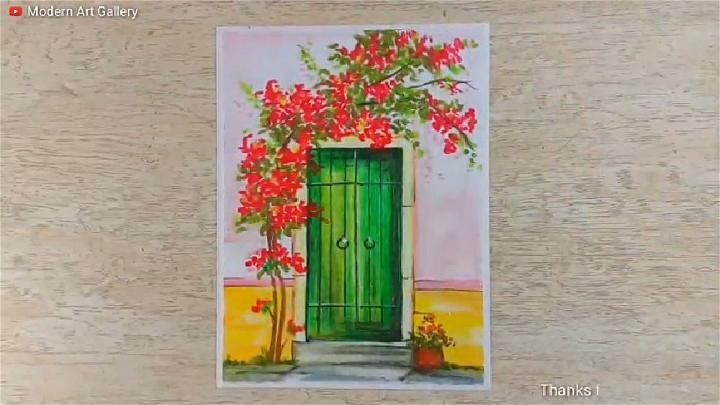 A Door with Red Blossom Oil Pastel Drawing for Beginners