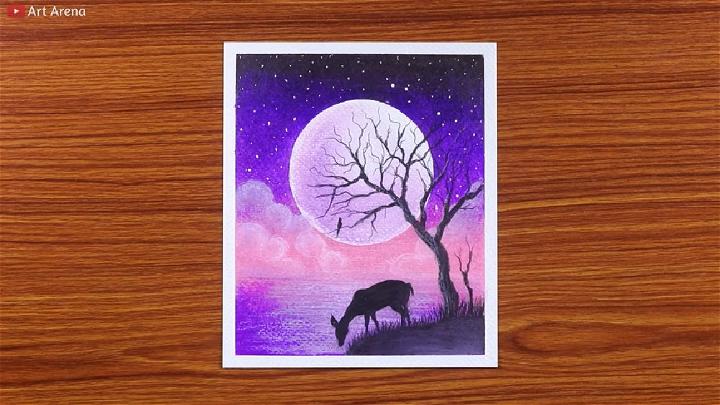 Beautiful Riverside Moonlight Scenery Drawing