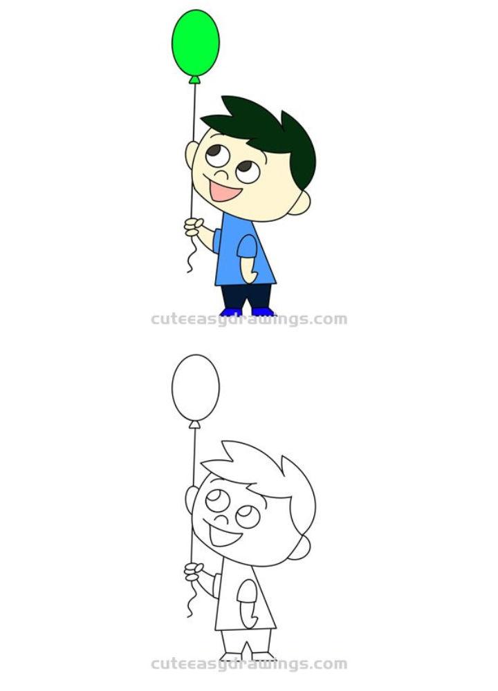 Boy Holding a Balloon Drawing for Kids
