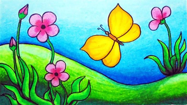 Butterfly In The Garden Scenery Drawing