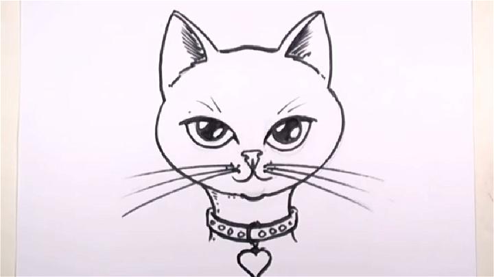 Cat Face Drawing with Collar and Heart Pendant