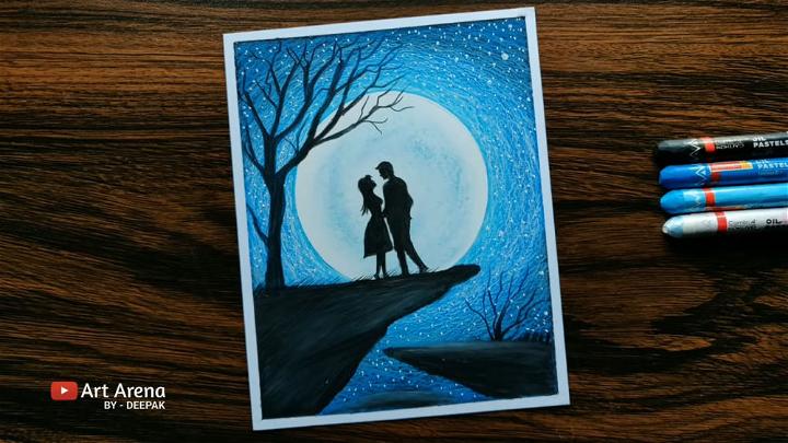 Couple Moonlight Scenery Drawing with Oil Pastels