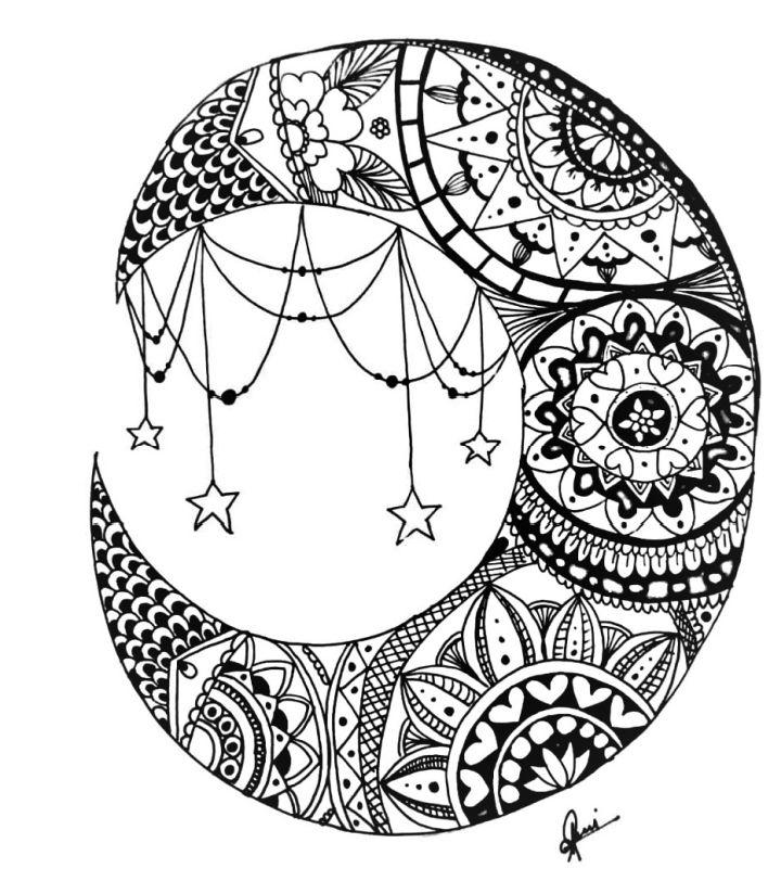 Crescent Moon and Stars Mandala Drawing