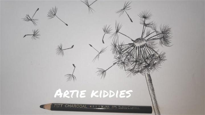 Draw Wind Dandelion Flower with Charoal Pencil
