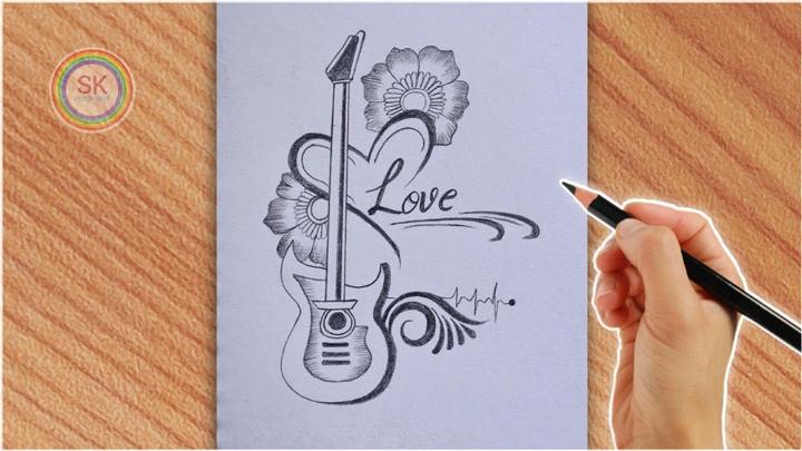 Drawing of Love with Guitar and Heart