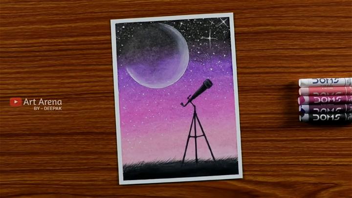 Easy Half Moon and Telescope Night Drawing